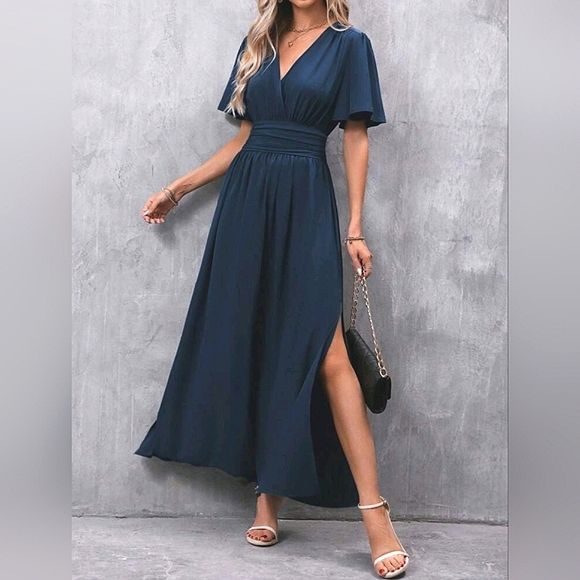 NEW Chic Ruched Waist Flutter Sleeve Maxi Dress Navy Blue - Picture 7 of 9